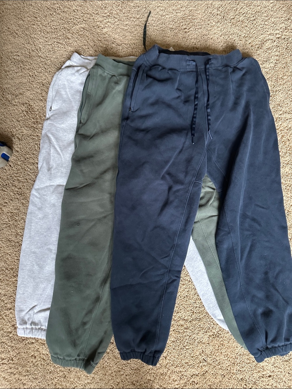 Lululemon Set of Three Cozy Jogger Sweatpants - Navy, Olive, Heather Gray